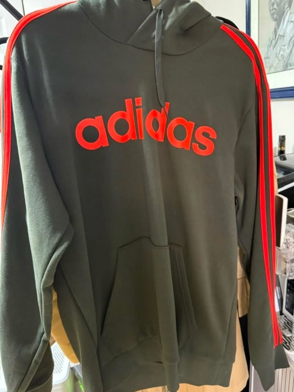 adidas Olive Green Hoodie with Orange Logo and Stripes